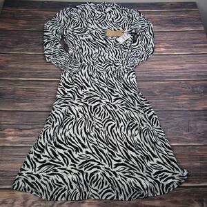 Halogen NEW Womens XS Black White Zebra Print Long Sleeve A Line Midi Dress
